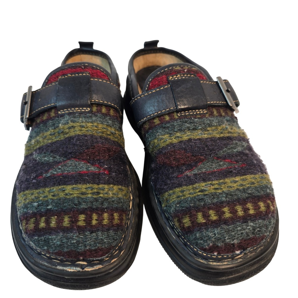Born Wool Southwestern Clogs Multi-Color Leather Buckle Slip On Shoes Women 7 38